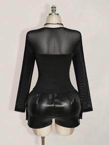 SHEIN ICON Plus Size Vintage Y2K Sexy Mesh Patchwork Long Sleeve Top Fall - Black - View 11