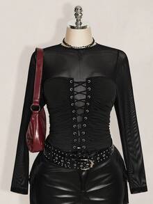 SHEIN ICON Plus Size Vintage Y2K Sexy Mesh Patchwork Long Sleeve Top Fall - Black - View 2