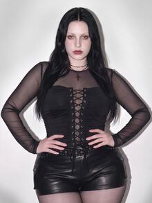 SHEIN ICON Plus Size Vintage Y2K Sexy Mesh Patchwork Long Sleeve Top Fall - Black - View 1
