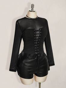SHEIN ICON Plus Size Vintage Y2K Sexy Mesh Patchwork Long Sleeve Top Fall - Black - View 8
