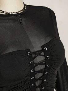 SHEIN ICON Plus Size Vintage Y2K Sexy Mesh Patchwork Long Sleeve Top Fall - Black - View 6