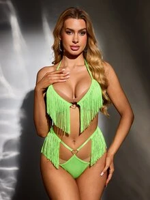MidnightGlam 2pcs Women's Neon Green Sexy Halter Neck Tassel Lingerie Set - Green - View 3