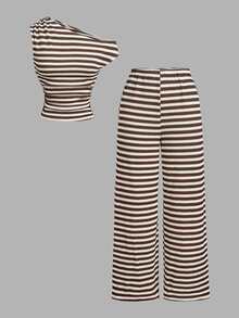 SHEIN MOD Women's Asymmetrical Shoulder Striped Top And Pants Casual Daily 2 Pieces Set - Multicolor - View 6