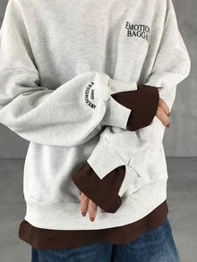 FRIFUL Áo nỉ dài tay 2 trong 1 in chữ cho nữ - Xám - Xem 2