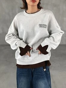 FRIFUL Áo nỉ dài tay 2 trong 1 in chữ cho nữ - Xám - Xem 9