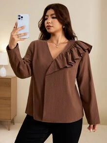 Edennvi Áo blouse size lớn màu nâu trơn cổ chữ V viền bèo, phong cách thanh lịch thường ngày cho văn phòng công sở mùa thu - màu nâu - Xem 6