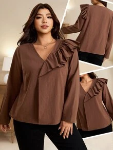 Edennvi Áo blouse size lớn màu nâu trơn cổ chữ V viền bèo, phong cách thanh lịch thường ngày cho văn phòng công sở mùa thu - màu nâu - Xem 1