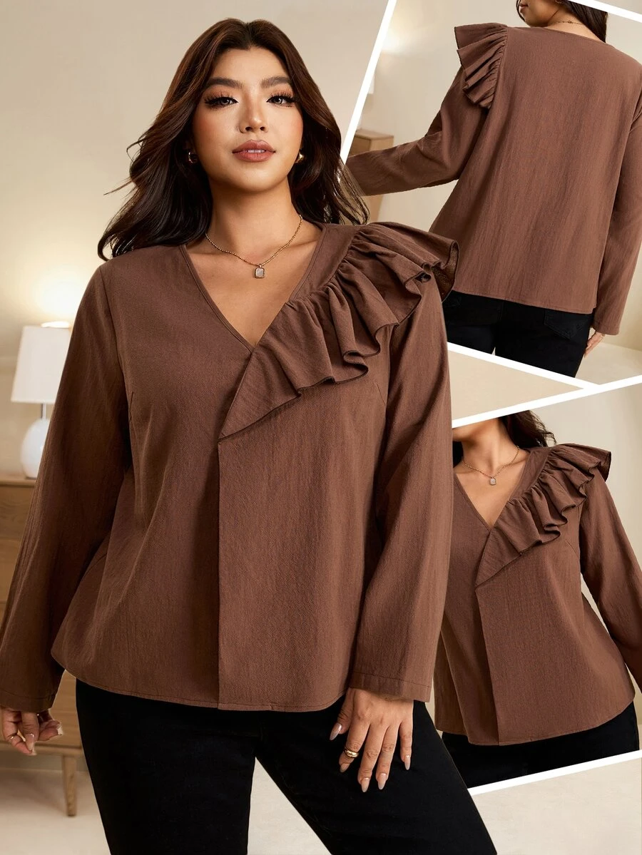 Edennvi Áo blouse size lớn màu nâu trơn cổ chữ V viền bèo, phong cách thanh lịch thường ngày cho văn phòng công sở mùa thu - màu nâu - Xem 1