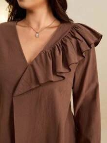 Edennvi Áo blouse size lớn màu nâu trơn cổ chữ V viền bèo, phong cách thanh lịch thường ngày cho văn phòng công sở mùa thu - màu nâu - Xem 8
