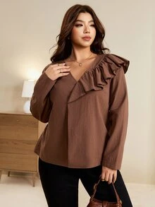 Edennvi Áo blouse size lớn màu nâu trơn cổ chữ V viền bèo, phong cách thanh lịch thường ngày cho văn phòng công sở mùa thu - màu nâu - Xem 7