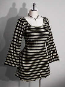 SHEIN ICON Plus Size Black And White Backless Bell Sleeve Knit Dress Autumn 90s 80's 70's Back-To-School Club Brunch Dinner Party Vacation Y2k 2000s Fall - Black and White - View 6