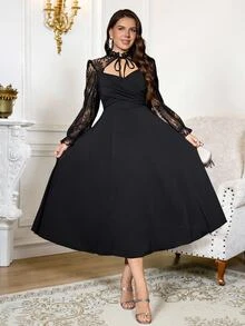 Reflora Plus Size Women's Elegant Contrast Lace Tie Neck Dress Fall Christmas Cocktail Formal Black - Black - View 10