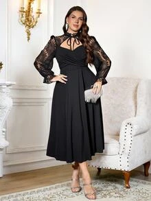 Reflora Plus Size Women's Elegant Contrast Lace Tie Neck Dress Fall Christmas Cocktail Formal Black - Black - View 9