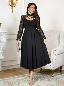 Reflora Plus Size Women's Elegant Contrast Lace Tie Neck Dress Fall Christmas Cocktail Formal Black - Black - View 1