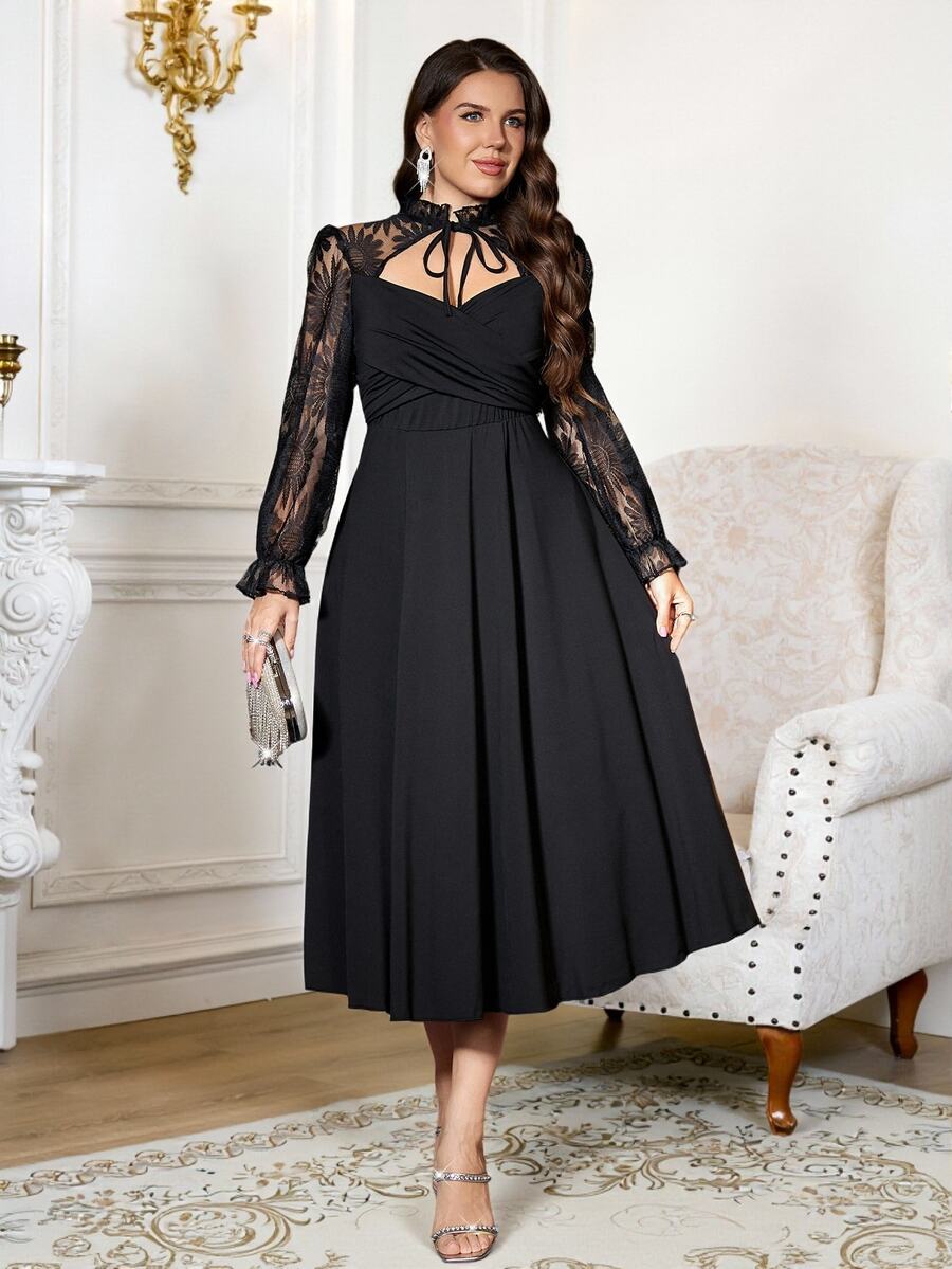 Reflora Plus Size Women's Elegant Contrast Lace Tie Neck Dress Fall Christmas Cocktail Formal Black - Black - View 1