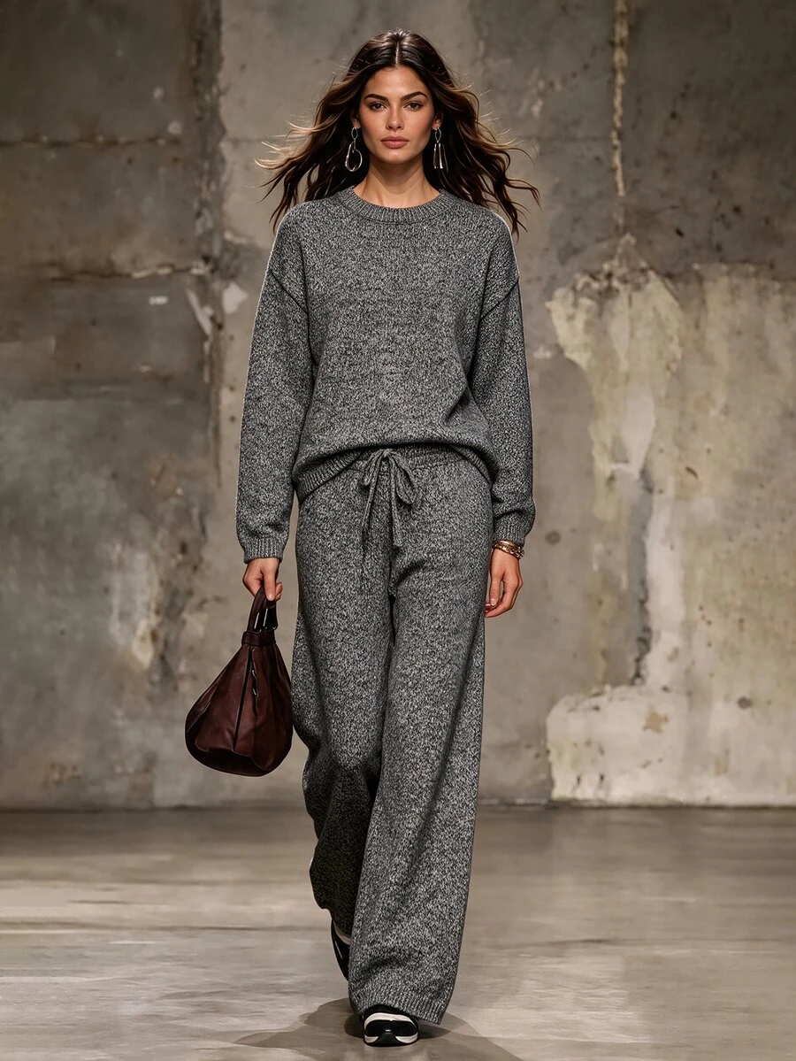 Zayélia Women's 2pcs Set: Mixed Yarn Crew Neck Drop Shoulder Long Sleeve Loose Sweater Top Elastic Waist Drawstring Wide Leg Pants, Casual Lounge Grey Fall - Grey - View 1
