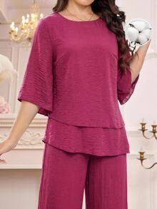 Amorya 女款純色圓領上衣與長褲休閒端莊日常兩件套，適合早午餐、茶會、秋冬、聖誕節、感恩節、新年 - 紫色 - 查看 9