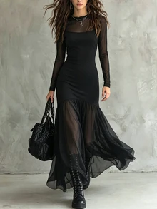 SHEIN 女款春夏套裝，優雅洋裝，度假穿搭，休閒洋裝，外出洋裝，網紗洋裝，長袖洋裝，畢業穿搭，通勤套裝，派對洋裝，黑色洋裝，洋裝，辦公穿搭 - 黑色 - 查看 4