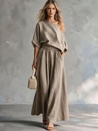 Trelyra Conjunto de 2 piezas de top y pantalones casuales de color caqui para vacaciones de verano francés para mujer, top de cuello cuadrado y manga 3/4 con pantalones de cintura elástica para mujer, conjunto para mujer, conjunto de 2 piezas para vacaciones de verano para mujer, conjunto elegante y cómodo de 2 piezas para mujer, ropa de estilo campestre de 2 piezas para mujer, conjunto casual de vacaciones para mujer