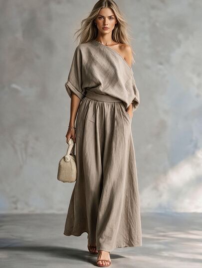 Trelyra Women's Summer French Vacation Casual Khaki Top And Pants 2 Pieces Set, Women's Square Neck 3/4 Sleeve Top With Elastic Waist Pants, Women's Set, Women's Summer Vacation Outfit 2 Pieces Set, Women's Elegant Comfortable 2 Pieces Set, Women's Country Style Clothing 2 Pieces Set, Women's Casual Vacation Outfit