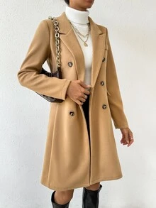 SHEIN Women's Double-Breasted Lapel Collar Woolen Coat Fall Winter Cloth For Women ,Petite Women - Camel - View 4