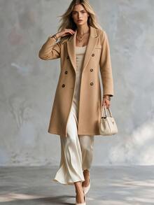 SHEIN Women's Double-Breasted Lapel Collar Woolen Coat Fall Winter Cloth For Women ,Petite Women - Camel - View 1