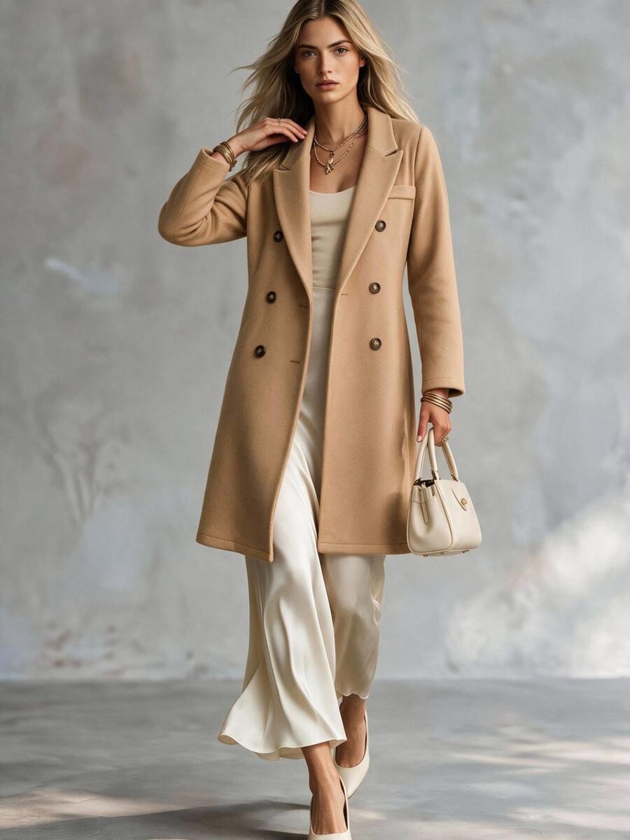 SHEIN Women's Double-Breasted Lapel Collar Woolen Coat Fall Winter Cloth For Women ,Petite Women - Camel - View 1