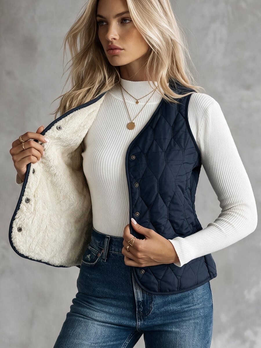 SHEIN Chaleco con forro térmico y acolchado, chaqueta de ropa de invierno - Azul Marino - Ver 1