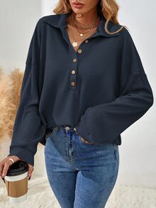 SHEIN 女士纯色落肩长袖纽扣半襟休闲宽松T恤 - 藍色 - 查看 4