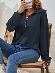 SHEIN 女士纯色落肩长袖纽扣半襟休闲宽松T恤 - 藍色 - 查看 5