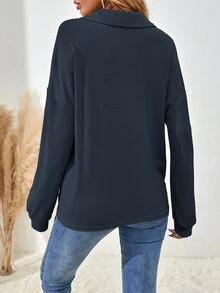 SHEIN 女士纯色落肩长袖纽扣半襟休闲宽松T恤 - 藍色 - 查看 3