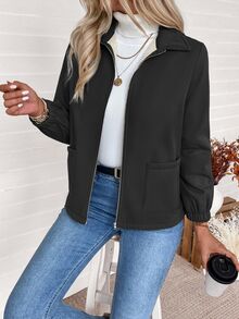 SHEIN 女式纯色长袖拉链羊毛休闲夹克，秋冬 - 黑色 - 查看 8