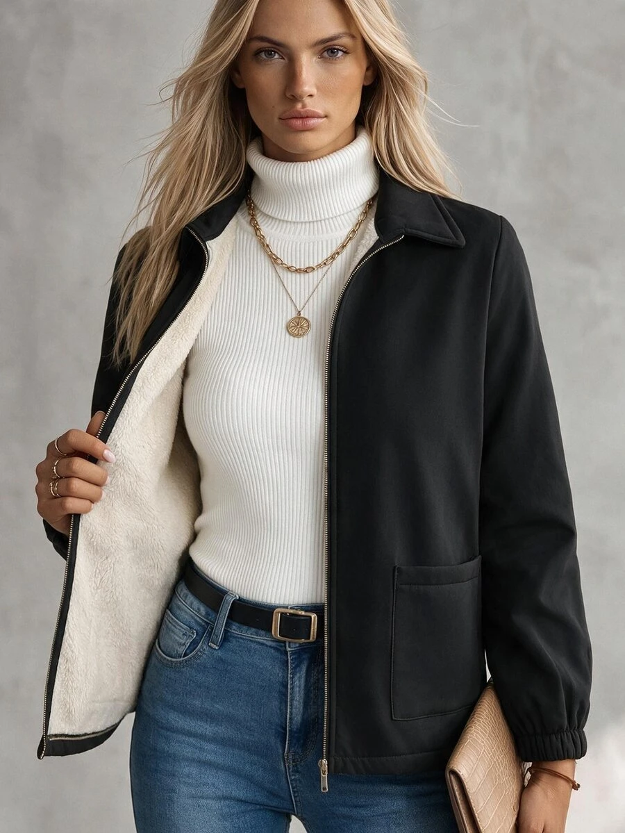 SHEIN 女式纯色长袖拉链羊毛休闲夹克,秋冬 - 黑色 - 查看 1