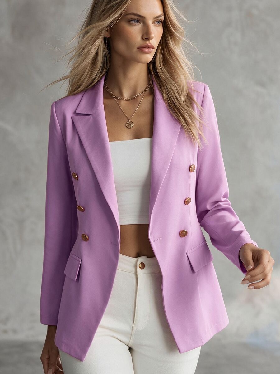 SHEIN 休闲通勤单排扣西装外套 - 紫色 - 查看 1