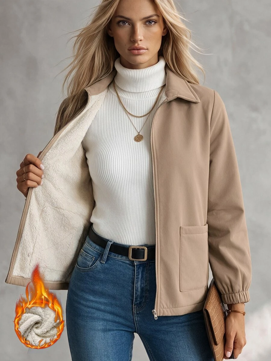 SHEIN جاكيت فليس سحاب أحادية اللون، كاجوال للخريف/الشتاء - كاكي - مشاهدة 1