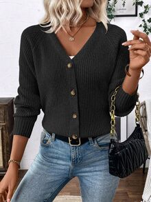 SHEIN V-Neck Cardigan Sweater Outerwear For Women, Casual And Loose Fit Fall Winter Cloth For Women - Black - View 6