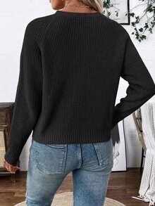 SHEIN V-Neck Cardigan Sweater Outerwear For Women, Casual And Loose Fit Fall Winter Cloth For Women - Black - View 3