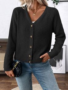 SHEIN V-Neck Cardigan Sweater Outerwear For Women, Casual And Loose Fit Fall Winter Cloth For Women - Black - View 7