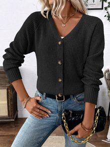 SHEIN V-Neck Cardigan Sweater Outerwear For Women, Casual And Loose Fit Fall Winter Cloth For Women - Black - View 4