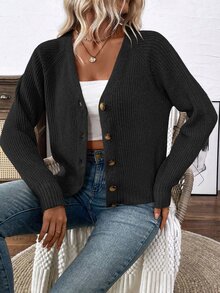 SHEIN V-Neck Cardigan Sweater Outerwear For Women, Casual And Loose Fit Fall Winter Cloth For Women - Black - View 8