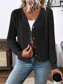 SHEIN V-Neck Cardigan Sweater Outerwear For Women, Casual And Loose Fit Fall Winter Cloth For Women - Black - View 5