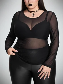 SHEIN CURVE+ 大尺碼女款透視高彈性打底上衣，黑色，適合萬聖節派對、夜店、秋季哥德風性感穿搭 - 黑色 - 查看 6