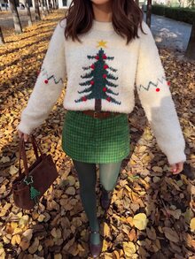 Comfortcana Women's Christmas Tree Pattern Crew Neck Drop Shoulder Long Sleeve Sweater - White - View 5