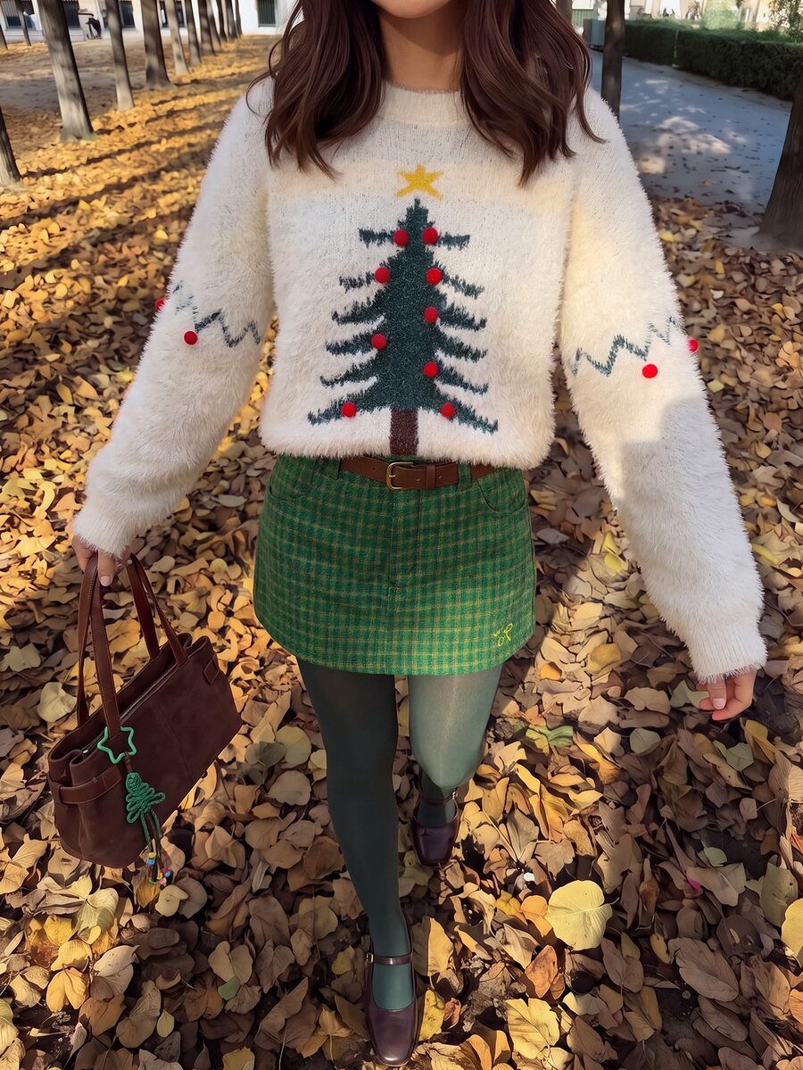 Comfortcana Women's Christmas Tree Pattern Crew Neck Drop Shoulder Long Sleeve Sweater - White - View 1