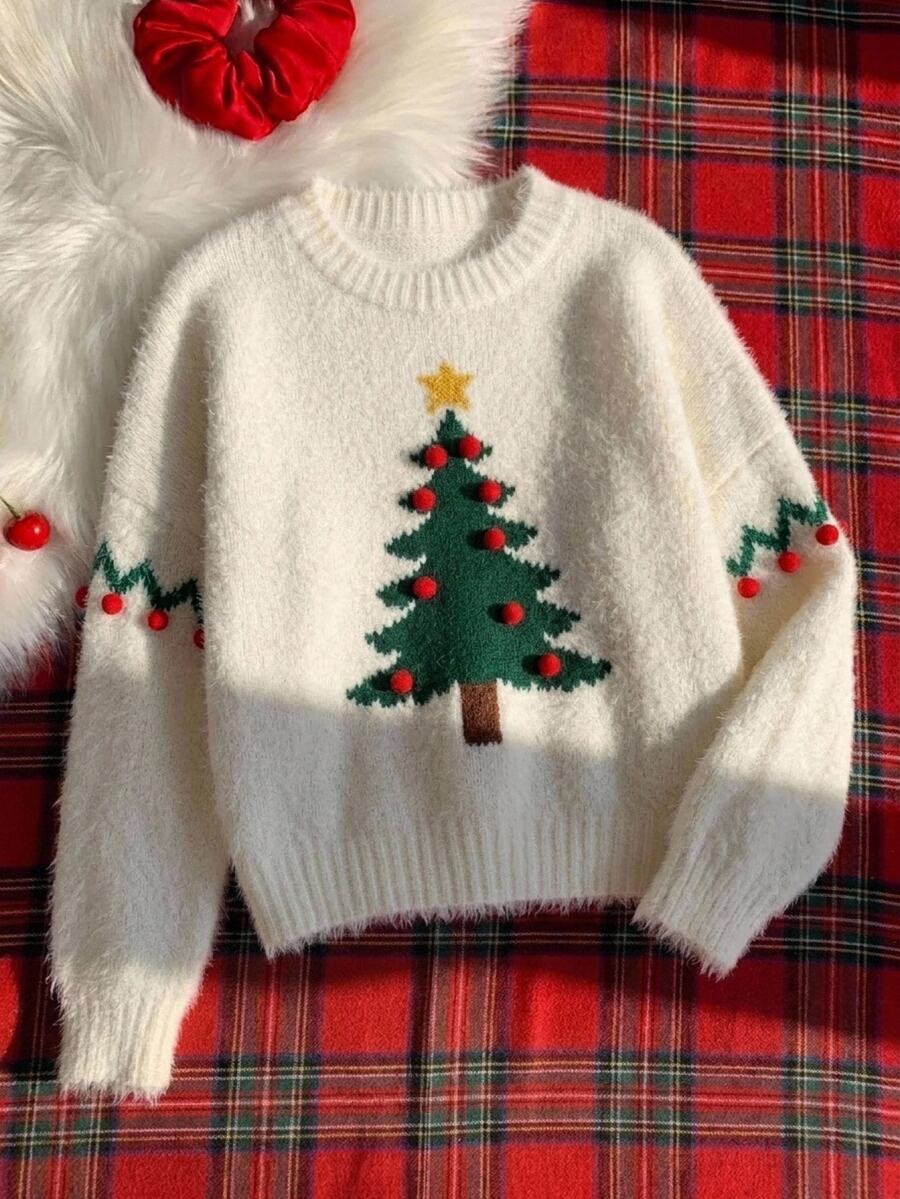 Comfortcana Women's Christmas Tree Pattern Crew Neck Drop Shoulder Long Sleeve Sweater - White - View 1