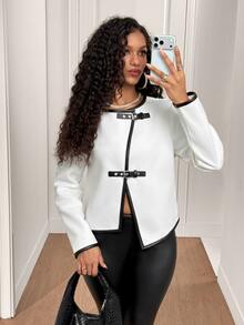 BamGleam Women's PU Contrast Trim Decorative Button Napoleon Style Wool Office Night Out Black And White Fall Elegant - White - View 7
