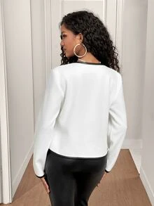 BamGleam Women's PU Contrast Trim Decorative Button Napoleon Style Wool Office Night Out Black And White Fall Elegant - White - View 9