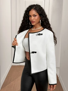 BamGleam Women's PU Contrast Trim Decorative Button Napoleon Style Wool Office Night Out Black And White Fall Elegant - White - View 10