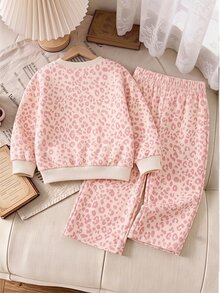 Conjunto de 2 piezas de sudadera con estampado de leopardo y pantalones de chándal de pierna ancha para niñas, atuendo de estilo callejero cómodo, uso diario de moda para otoño/invierno - Multicolor - Ver 3