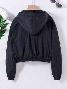 SHEIN Tween Girl Long Sleeve Hooded Drop Shoulder Black Jacket Halloween Autumn Fall School Running Graphic Baggy - Black - View 3